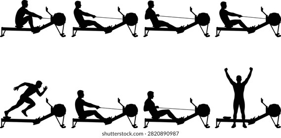 Vector silhouettes of athletes exercising on a rowing machine and running, showing different stages of motion and a victorious celebration pose. Perfect for fitness design projects, gym branding, workout posters, and health-related concepts.
