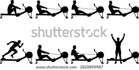Vector silhouettes of athletes exercising on a rowing machine and running, showing different stages of motion and a victorious celebration pose. Perfect for fitness design projects, gym branding, workout posters, and health-related concepts.