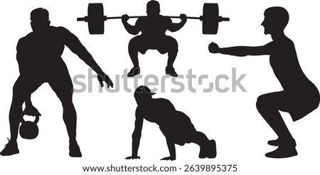 Vector silhouettes of athletes performing kettlebell lifts, squats, push-ups, and weightlifting exercises. Perfect for fitness, gym, and workout designs, men silhouette isolated on white background.