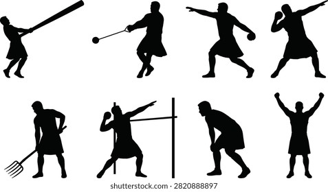 Vector silhouettes of athletes performing traditional Scottish Highland Games events, including caber tossing, hammer throwing, shot putting, and weight throwing. Perfect for cultural, sports, and heritage design projects highlighting strength and tradition.