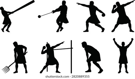 Vector silhouettes of athletes performing traditional Scottish Highland Games events, including caber tossing, hammer throwing, stone putting, and weight throwing. Ideal for cultural heritage projects, sports design, and athletic branding that highlight strength and tradition.