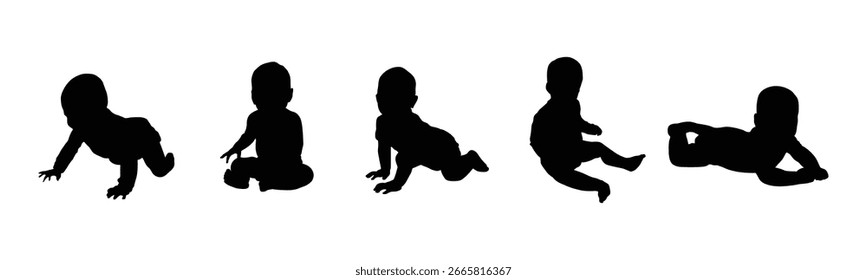 Vektorsilhouetten von Babys in verschiedenen Posen, perfekt für Design, Dekoration und pädagogische Materialien.