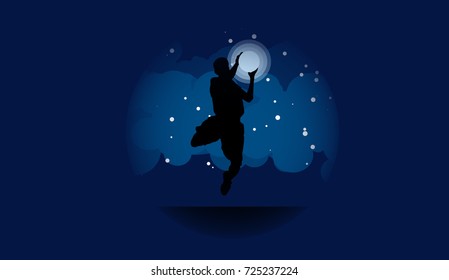 Vector Silhouettes of Basketball Player under moonlight illustration