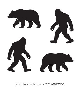 Siluetas de Vector de osos y Arte vectorial andando Bigfoot aislados sobre un fondo blanco.