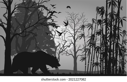 
vector silhouettes of bears, birds and dense forest