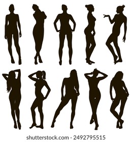 Vector silhouettes of beautiful lady in different standing poses isolated on white background. Illustration of woman. Slim girls.
