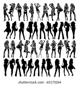 A lot of vector silhouettes of beautiful women on white background