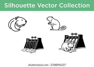 Siluetas de Vector de castores y presas, ideales para la naturaleza, la vida silvestre y diseños temáticos de construcción.