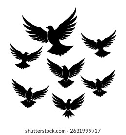 Vector silhouettes of birds in flight with wings spread wide, arranged in elegant and artistic formations. Ideal for concepts related to freedom, peace, spirituality, and logo or tattoo design.