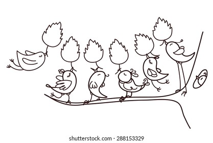 Vector silhouettes birds holding leaves for coloring.