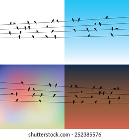 Vector silhouettes of birds on the wires on a variety of gradient backgrounds
