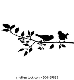 vector silhouettes of birds at tree, hand drawn songbirds at branch, Valentine's symbol, a pair of lovers, isolated vector element