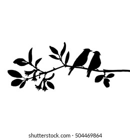 vector silhouettes of birds at tree, hand drawn waxwings at branch, Valentine's symbol, a pair of lovers, isolated vector element