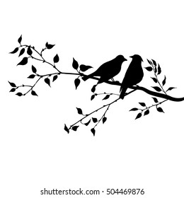 vector silhouettes of birds at tree, hand drawn songbirds at branch, Valentine's symbol, a pair of lovers, isolated vector element