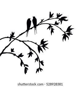 vector silhouettes of birds at tree, hand drawn songbirds at branch, Valentine symbol, a pair of lovers, isolated vector element