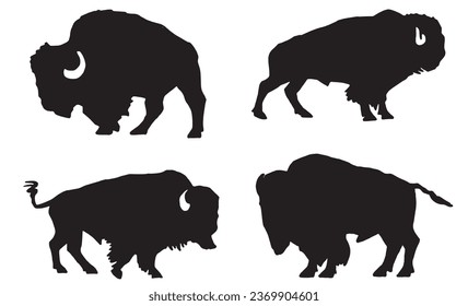 Vector silhouettes of  bison isolated on white, black figures graphical illustration