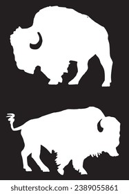 Vector silhouettes of  bison isolated on black, black figures graphical illustration