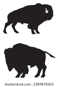 Vector silhouettes of bison isolated on white, black figures graphical illustration