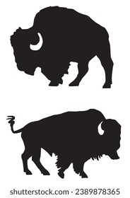 Vector silhouettes of bison isolated on white, black figures graphical illustration