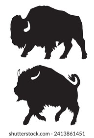 Vector silhouettes of bisons isolated on white , graphical illustration