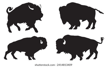Vector silhouettes of bisons isolated on white , graphical illustration	
