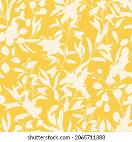 Vector Silhouettes of blooming leaves, flowers, branches in vintage style. Elegant seamless botanical pattern made of spring flowers. Nature ornament for textile, fabric, wallpaper, surface design.