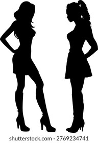 Vector Silhouettes of Bodies - Two sexy women stand facing each other in miniskirts and boots