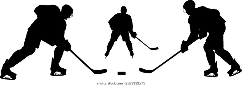 Vector silhouettes body - 3 ice hockey players in action at the game - sport and speed - duel for the puck