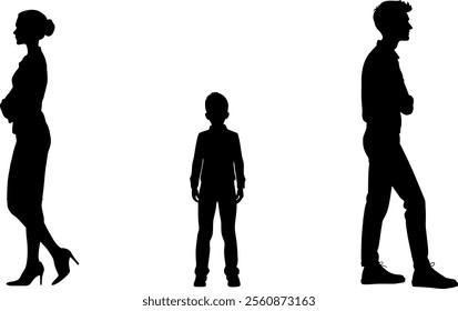 Vector silhouettes Body Family Father Mother Child - Distance and aversion - Divorce and conflict - Divorced child caught between two stools - Psyche