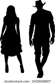 Vector silhouettes body man and woman - Western Cowboy Ranger - 2 persons - Americana