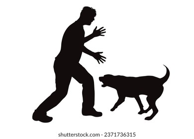 Vector silhouettes of boy with aggressive dog on white background. Symbol of pet and attack.