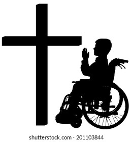 Vector silhouettes of boy at the Cross on white background.