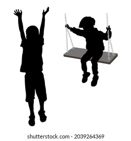 Vector silhouettes of a boy of five years. The child is swinging on a swing, the boy is standing with 2 hands raised up, palm forward, a cheerful character during outdoor activities.