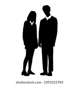 Vector silhouettes of  boy and a girl, a couple standing business people, teenagers, students, black  color isolated on white background