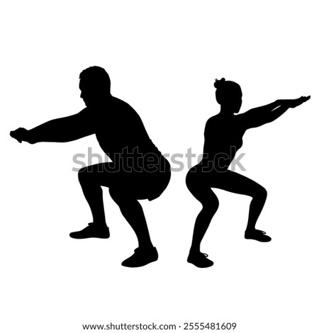 Vector silhouettes of boy and girl doing fitness exercises. Slim sportive people icon isolated on white background. Healthy life style.