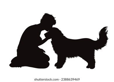 Vector silhouettes of boy with his dog on white background. Symbol of pet and canine.