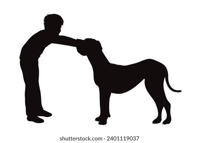 Vector silhouettes of boy with his dog on white background. Symbol of pet and canine.
