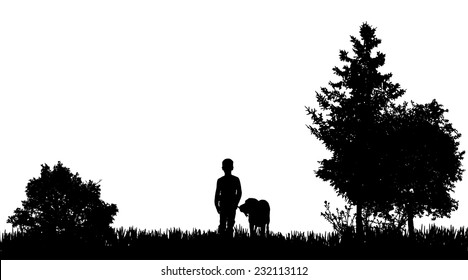 Vector silhouettes of boy in nature on white background.