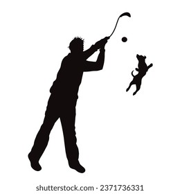 Vector silhouettes of boy playing with his dog on white background. Symbol of pet and canine.