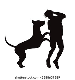Vector silhouettes of boy playing with his dog on white background. Symbol of pet and canine.