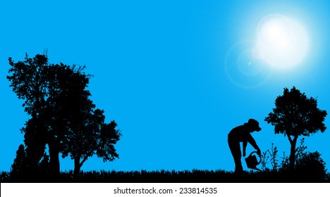 Vector silhouettes of boy who play in the garden.