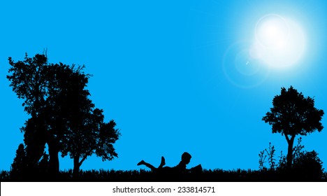 Vector silhouettes of boy who play in the garden.