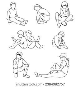 Vector silhouettes of boys and girls sitting, linear sketch, profile, people, black color,  isolated on white background