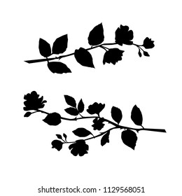 Vector silhouettes of the branches of Apple or cherry trees with flowers, black color, isolated on white background