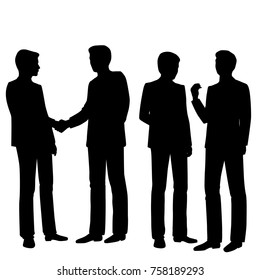 Vector silhouettes of business men standing, different poses, man at business meeting,  black color, isolated on white background