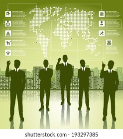 Vector silhouettes of business people in different poses. Infographic with earth map and web icons and elements
