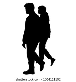 Vector silhouettes of business people,  man and woman walking, couple,  black color, isolated on white background