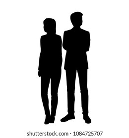 Vector silhouettes of business people,  man and woman standing, couple,  black color, isolated on white background