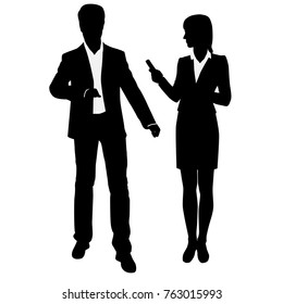 Vector silhouettes of businessman  and businesswoman standing, couple,  group, people,  black and white color, isolated on white background