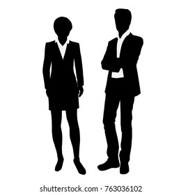 Vector silhouettes of businessman  and businesswoman standing, couple,  group, people,  black and white color, isolated on white background
